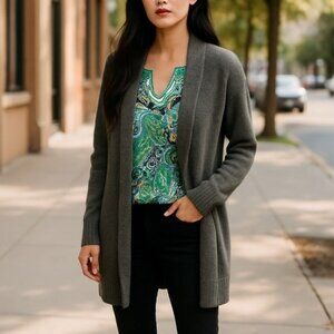 White + Warren Olive Green Cashmere Open Front Long Cardigan Sweater Size Large